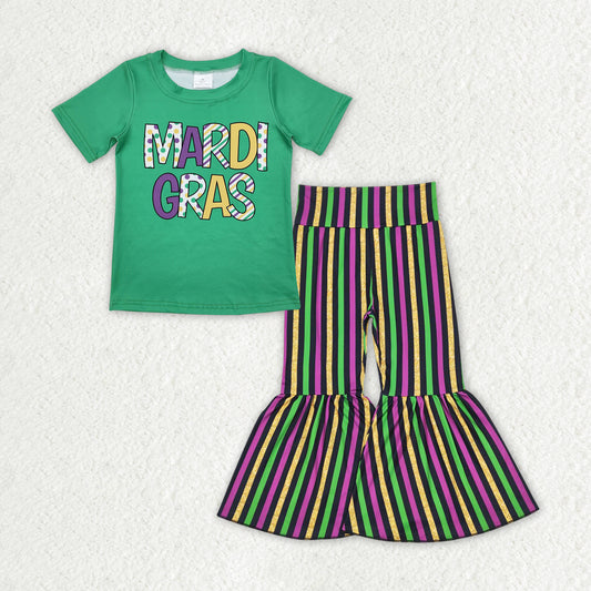GSPO1950 Mardi Gras outfit Green short sleeve Top Purple Green Yellow Bell Bottom Pants Girls Boutique outfits 202412
