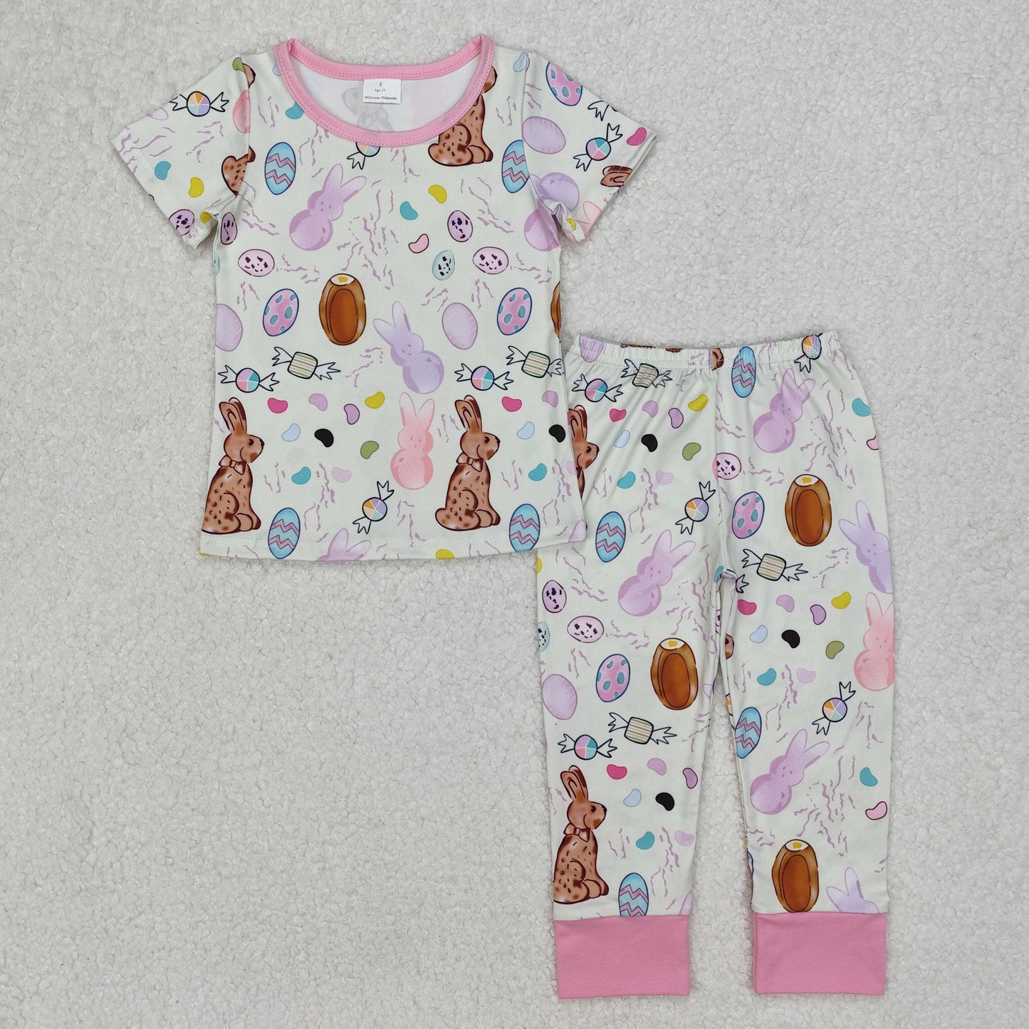 GSPO1960 Easter Outfits Pink Bunnies Egg short sleeve top pants sets Girls Boutique clothes 202503 RTS
