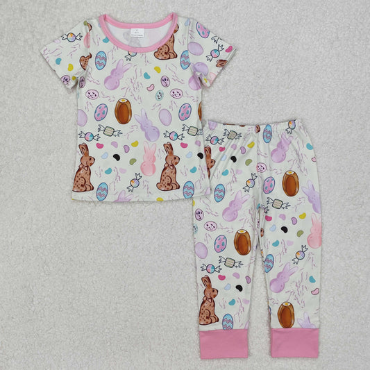 GSPO1960 Easter Outfits Pink Bunnies Egg short sleeve top pants sets Girls Boutique clothes  202503 RTS