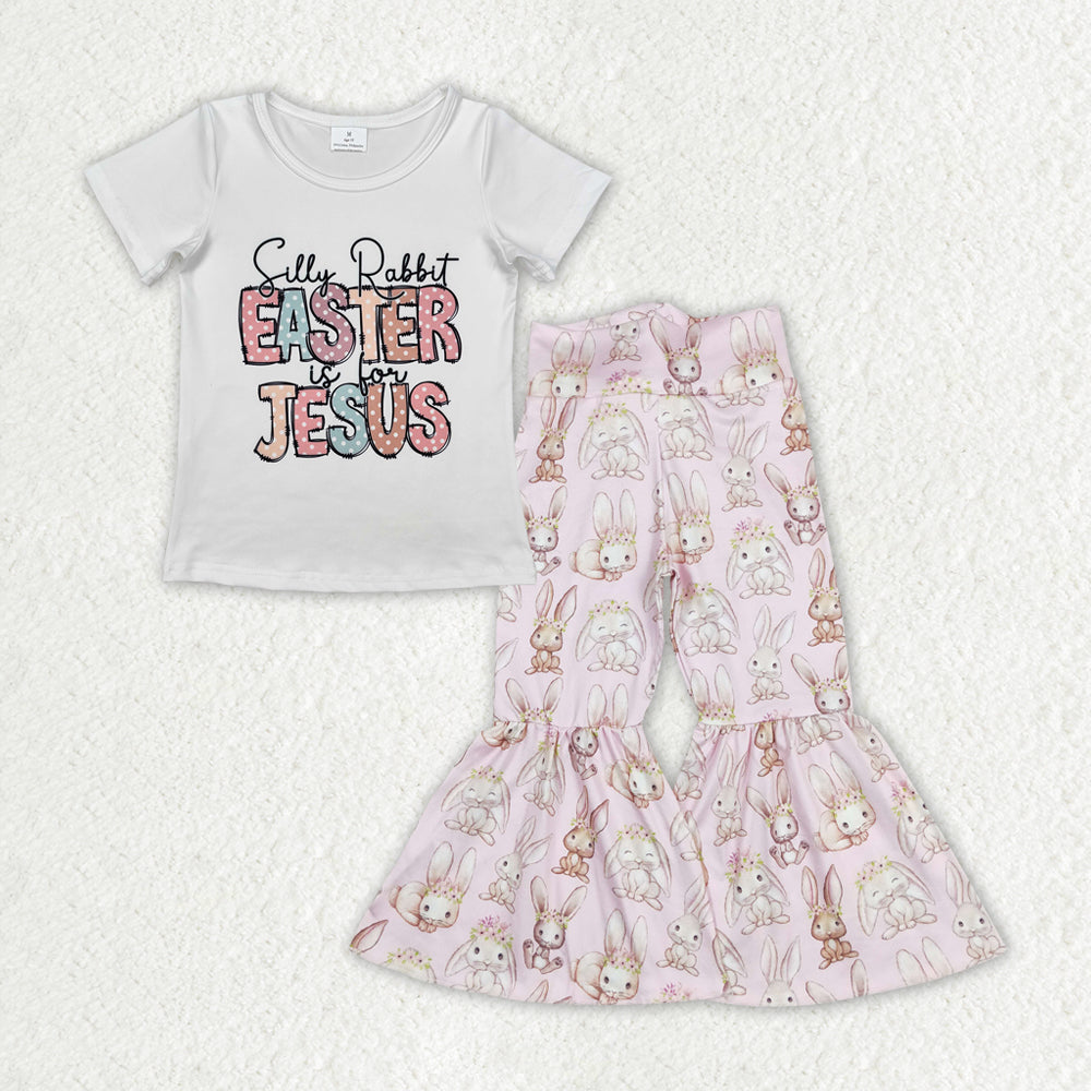 GSPO1963 Easter Jesus outfit Bunny Girl White short sleeve Top Pink Bell Bottom Pants Outfit Girls Boutique outfits 202412