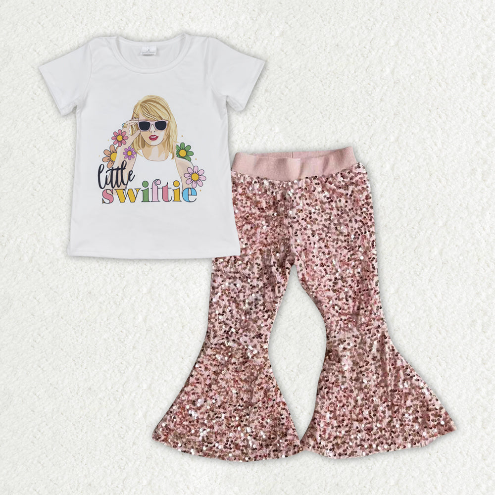 GSPO1967 Taylor Swift Girl white short sleeve Top Pink Sequin Bell Bottom Pants Outfit Girls Boutique outfits 202412
