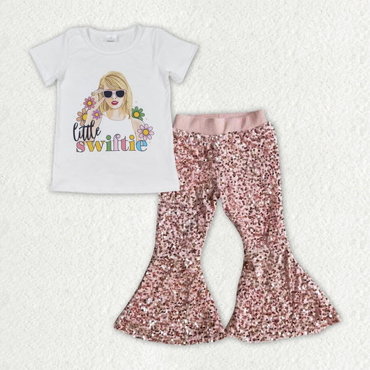 GSPO1967 Taylor Swift Girl white short sleeve Top Pink Sequin Bell Bottom Pants Outfit Girls Boutique outfits 202412