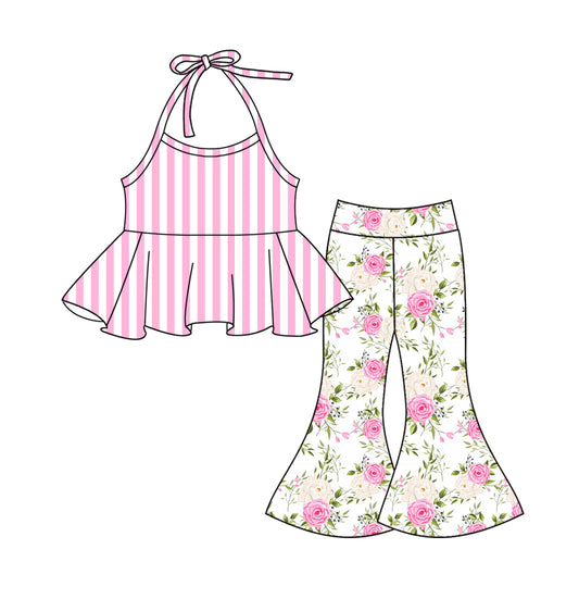 Preorder GSPO1975  Pink Lace-up top flower bell bottom pants Summer clothes  Baby Girls boutique outfit 202501