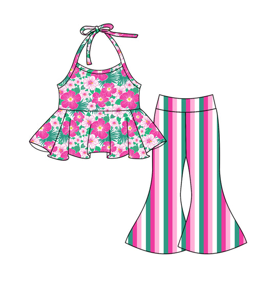 Preorder GSPO1976 Rose Red Green Flower Lace-up top bell bottom pants Summer clothes  Baby Girls boutique outfit 202501