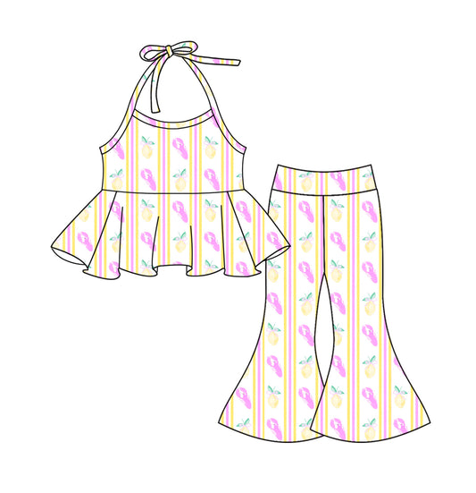 Preorder GSPO1977 Yellow Rose Red lobster Lace-up top bell bottom pants Summer clothes  Baby Girls boutique outfit 202501