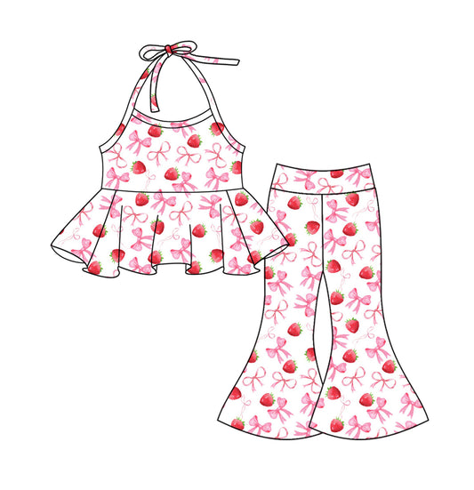 Preorder GSPO1978 Pink Rose Red Bow Strawberry Lace-up top bell bottom pants Summer clothes  Baby Girls boutique outfit 202501
