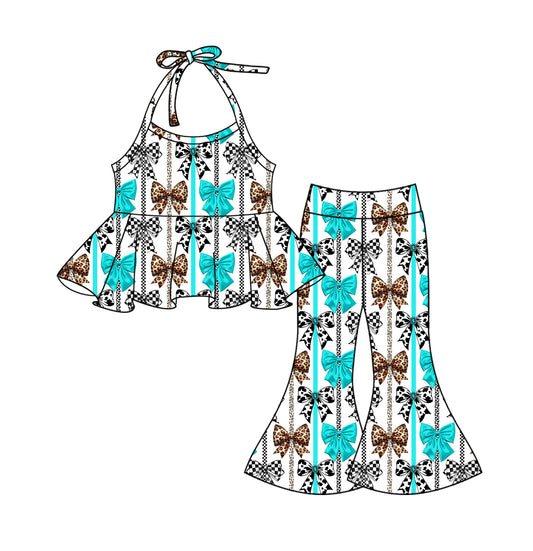 Preorder GSPO1979 Peacock blue Black checkerboard Bow Lace-up top bell bottom pants Summer clothes  Baby Girls boutique outfit 202501