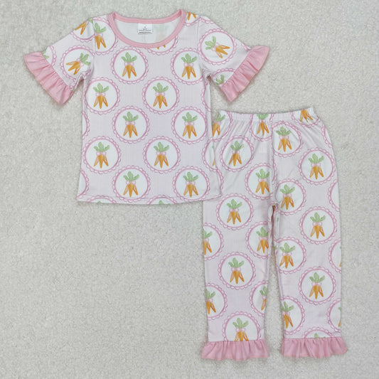 GSPO1992 Easter Outfits Bunny Carrot Pink Ruffle  Short sleeve top pants pajamas sets girls boutique outfit 202503 RTS