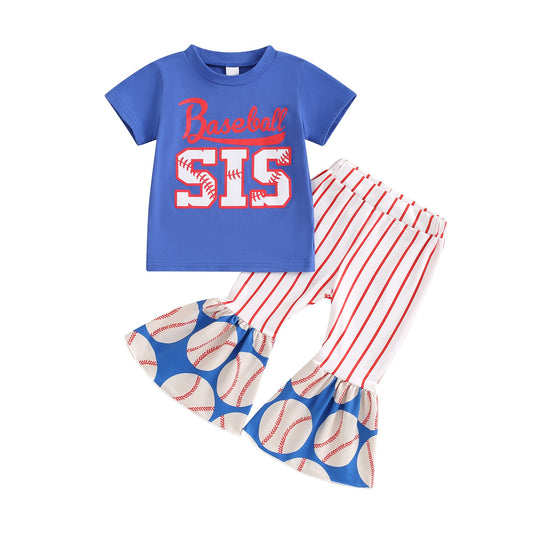 GSPO1994 Baseball Blue Short Sleeve Top Red Striped Bell Bottom Pants Sets Girls Boutique Summer Clothes 202503 RTS