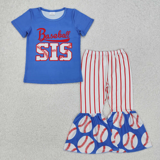 GSPO1994 Baseball Blue Short Sleeve Top Red Striped Bell Bottom Pants Sets Girls Boutique Summer Clothes 202503 RTS
