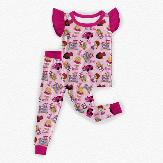 GSPO1996 cartoon pattern barbie rose red flying sleeve top pants sets Girls Boutique Summer clothes 202503 RTS