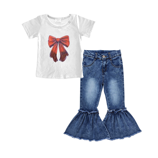 Preorder GSPO1998 White red bow short sleeve top bell bottom denim pants sets Girls Boutique Summer clothes 202502