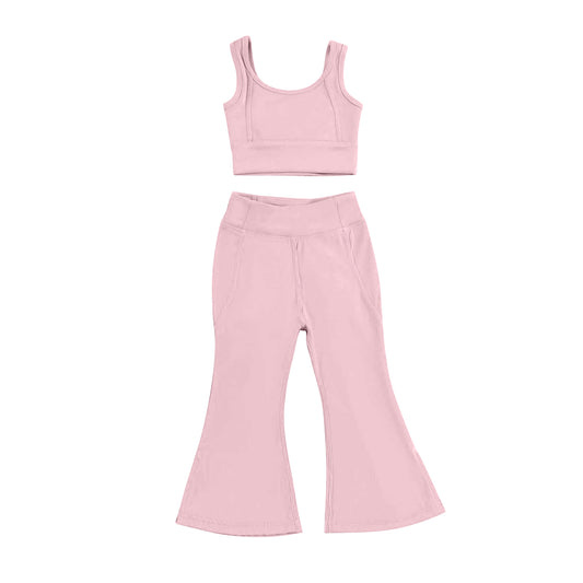 Preorder GSPO2000 Kids Yoga sets Pure pink vest bell bottom pants Girls Boutique Summer clothes 202502
