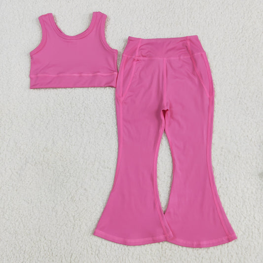 GSPO2002 Kids Yoga sets Pure Rose Red vest bell bottom pants Girls Boutique clothes 202505 RTS