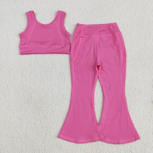 GSPO2002 Kids Yoga sets Pure Rose Red vest bell bottom pants Girls Boutique clothes 202505 RTS
