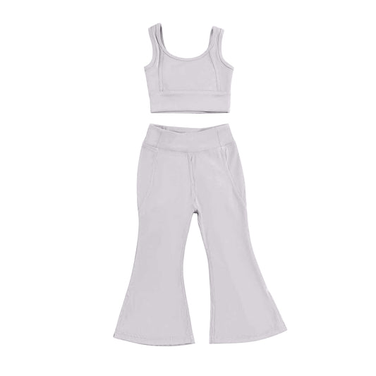 Preorder GSPO2003 Kids Yoga sets Pure Grey vest bell bottom pants Girls Boutique Summer clothes 202502