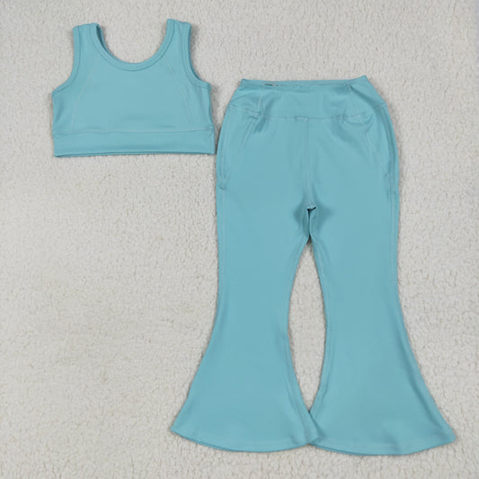 GSPO2004 Kids Yoga sets Pure Light Blue vest bell bottom pants Girls Boutique Summer clothes 202506 RTS