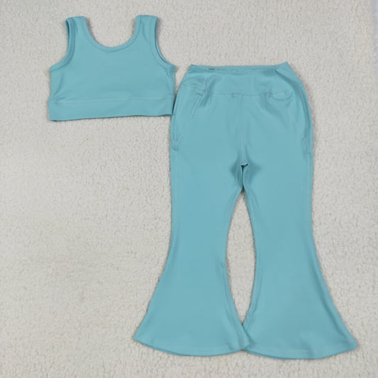 GSPO2004 Kids Yoga sets Pure Light Blue vest bell bottom pants Girls Boutique Summer clothes 202506 RTS