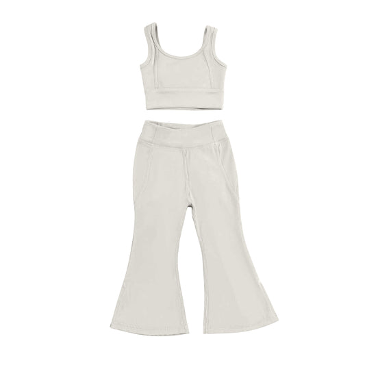 Preorder GSPO2005 Kids Yoga sets Pure Beige vest bell bottom pants Girls Boutique Summer clothes 202502