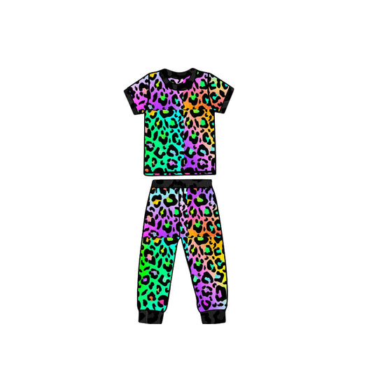 preorder GSPO2008 Colored Leopard Black short sleeve top pants pajamas sets girls boutique outfit 202503