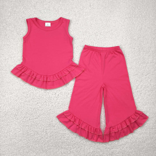 GSPO2009 Pure Rose Red Ruffle Sleeveless top pants 2 pieces set Girls Boutique outfit 202504 RTS