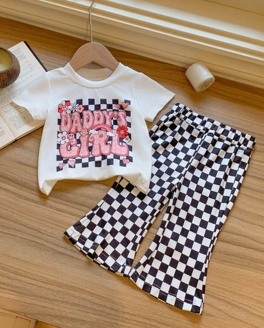 preorder GSPO2011 Daddys girl White Short Sleeve Plaid Pants Sets Girls Boutique Outfits 202504