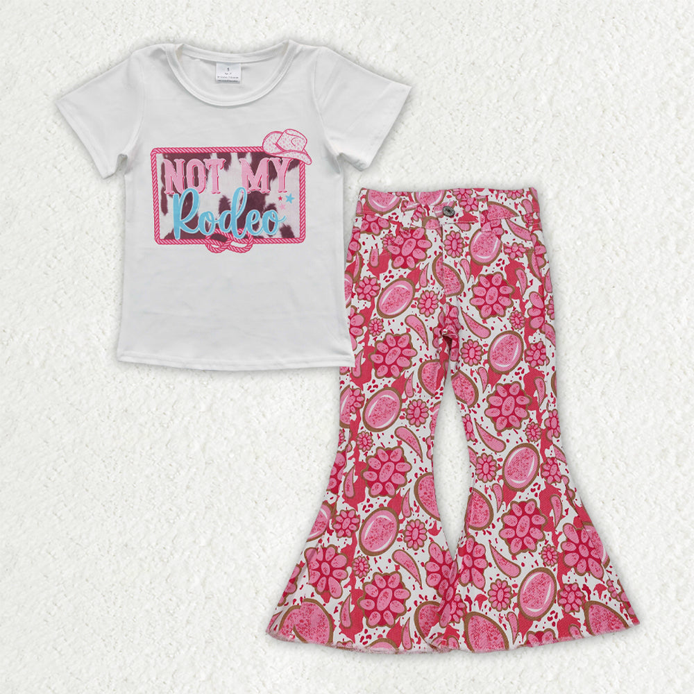 GSPO2013 White Pink Letter Short Sleeve Top Denim Bell Bottom Pants Sets Girls Boutique Outfits 202503 RTS