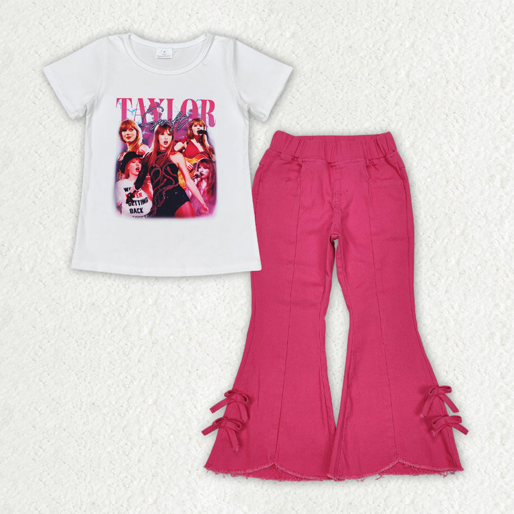 GSPO2015 Taylor Swift White Rose Red Short Sleeve Top Denim Bell Bottom Pants with Bows Sets Girls Boutique Outfits 202503 RTS
