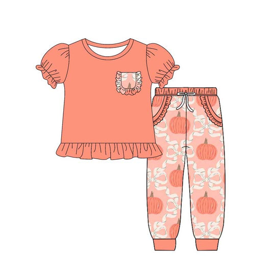 preorder GSPO2021 pumpkin bow ruffle pocket orange pink short sleeves pants set Girls Boutique outfit 202504