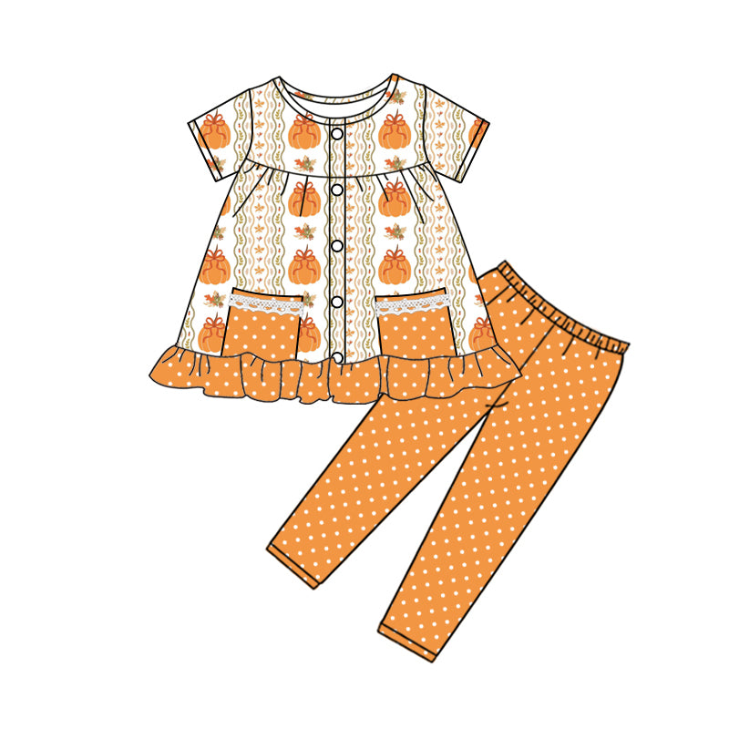 preorder GSPO2021 Pumpkin Bow Pattern Wavy Line Polka Dot Lace Pocket Short Sleeve Pants Sets Girls Boutique outfit 202504