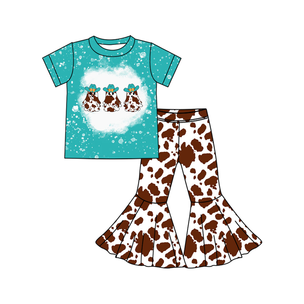 preorder GSPO2024 Cowgirl Hat Ghost Teal Short Sleeve Cow Pattern Pants Set Girls Boutique outfit 202505