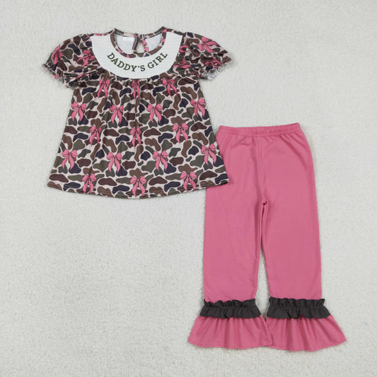 GSPO2025 Smocked DADDY’S GIRL Pink Bow Camouflage Short Sleeve Pants Girls Sets 202601 RTS