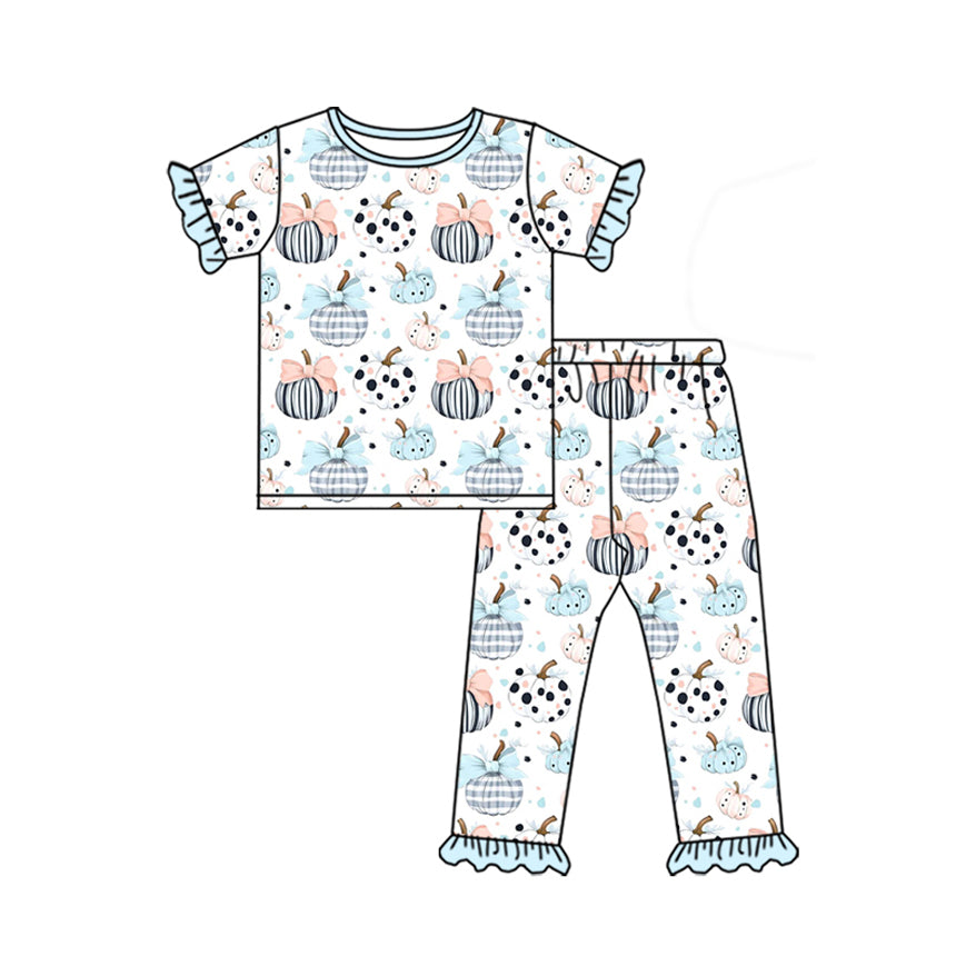 Preorder GSPO2027 Bow Pumpkin Pattern Blue Lace White Short Sleeve Pants Sets Girls Boutique Outfit 202505