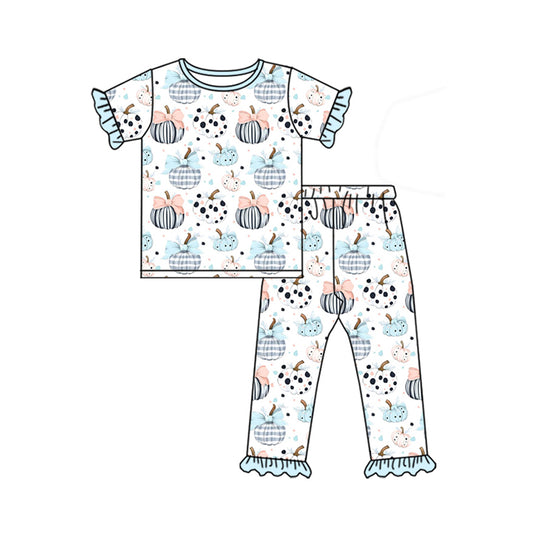 Preorder GSPO2027 Bow Pumpkin Pattern Blue Lace White Short Sleeve Pants Sets Girls Boutique Outfit 202505