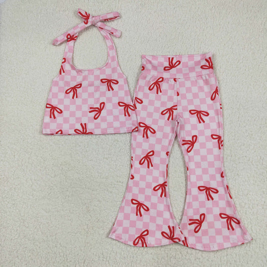 GSPO2030 Pink White Plaid Suspender Bell Bottom Pants Set with Red Bow Pattern Girls Boutique Outfit 202506 RTS