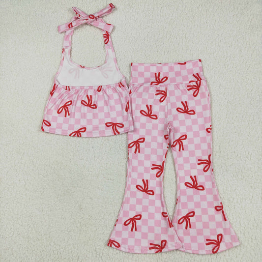 GSPO2030 Pink White Plaid Suspender Bell Bottom Pants Set with Red Bow Pattern Girls Boutique Outfit 202506 RTS