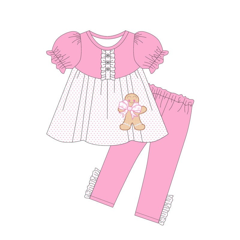 Preorder GSPO2034 Gingerbread Man Bow Polka Dot Ruffle Button Pink Short Sleeve Pants Sets Girls Boutique Outfit 202505