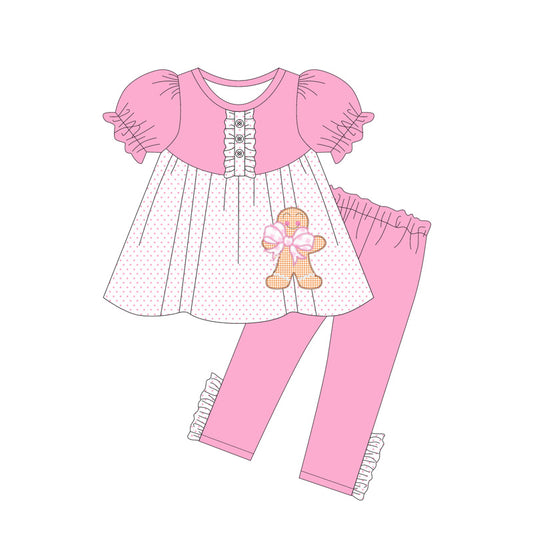 Preorder GSPO2034 Gingerbread Man Bow Polka Dot Ruffle Button Pink Short Sleeve Pants Sets Girls Boutique Outfit 202505