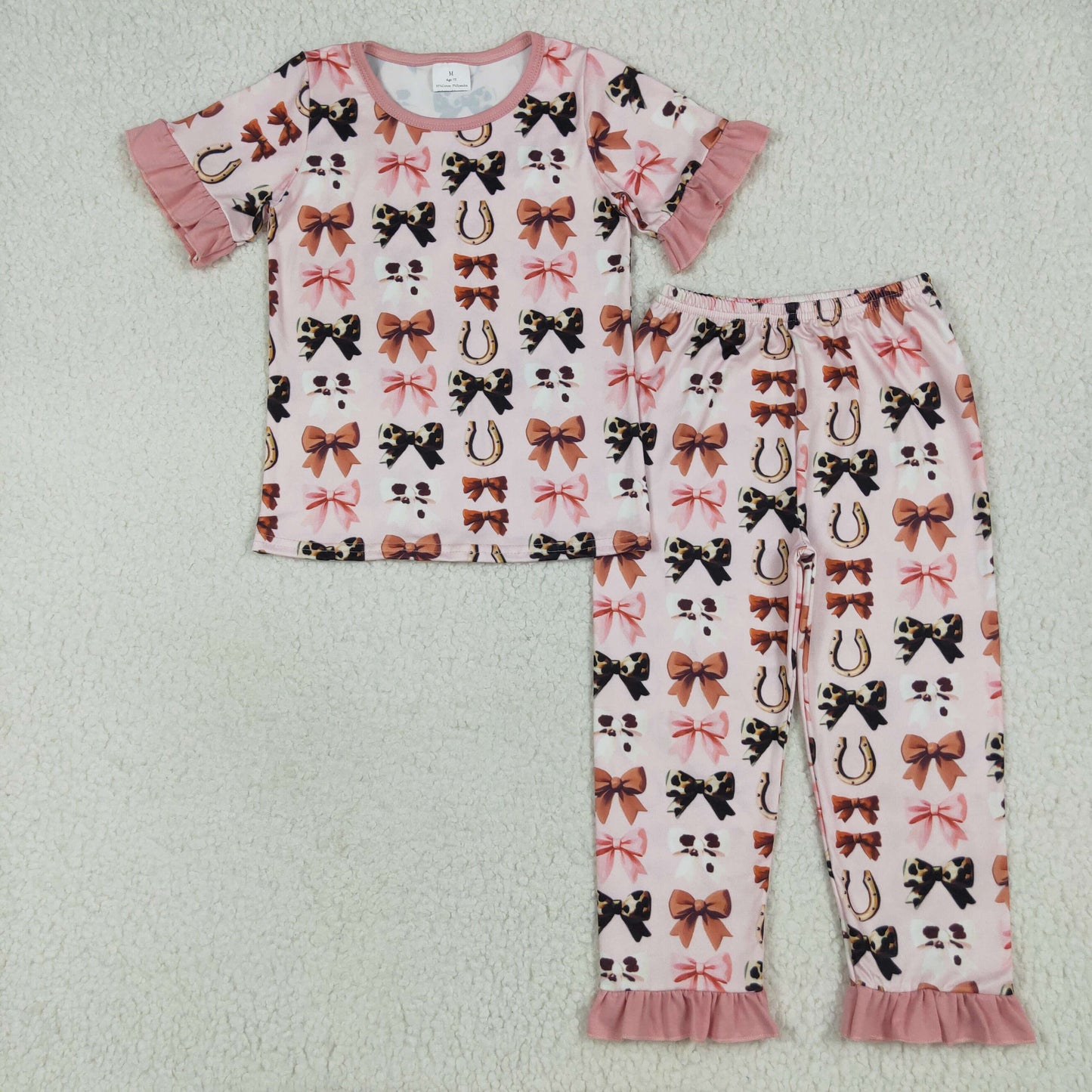 GSPO2035 Pink Ruffle Bow Short Sleeve Pants Pajamas Sets Girls Boutique Outfit 202506 RTS