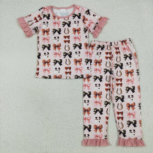GSPO2035 Pink Ruffle Bow Short Sleeve Pants Pajamas Sets Girls Boutique Outfit 202506 RTS