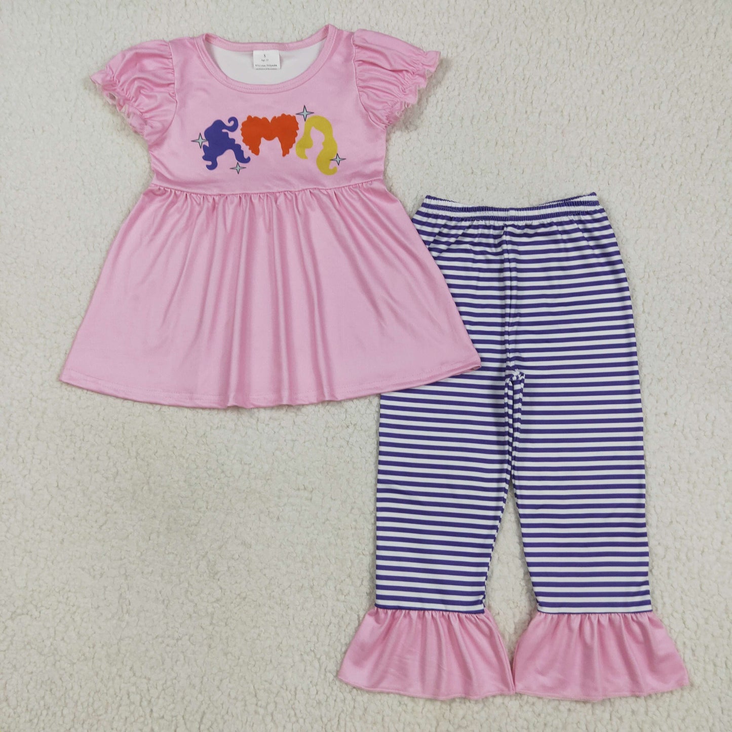 GSPO2043 Pink Tunic Short Sleeve Purple Stripe Pants Sets Girls Boutique Outfit 202507 RTS
