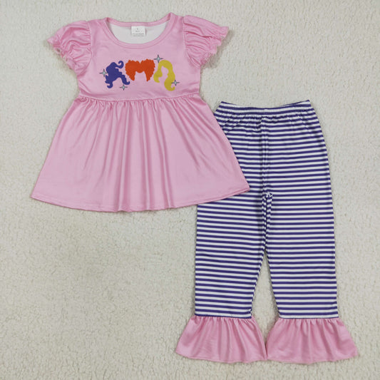 GSPO2043 Pink Tunic Short Sleeve Purple Stripe Pants Sets Girls Boutique Outfit 202507 RTS