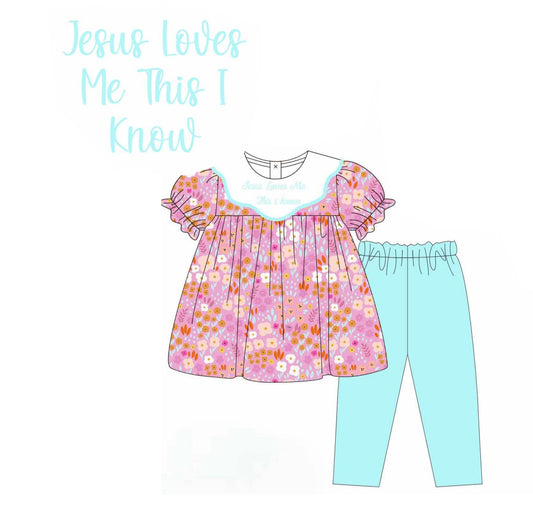 Preorder GSPO2044 Jesus Flower Rose Red Short Sleeve Blue Green Pants Sets Girls Boutique Outfit 202505