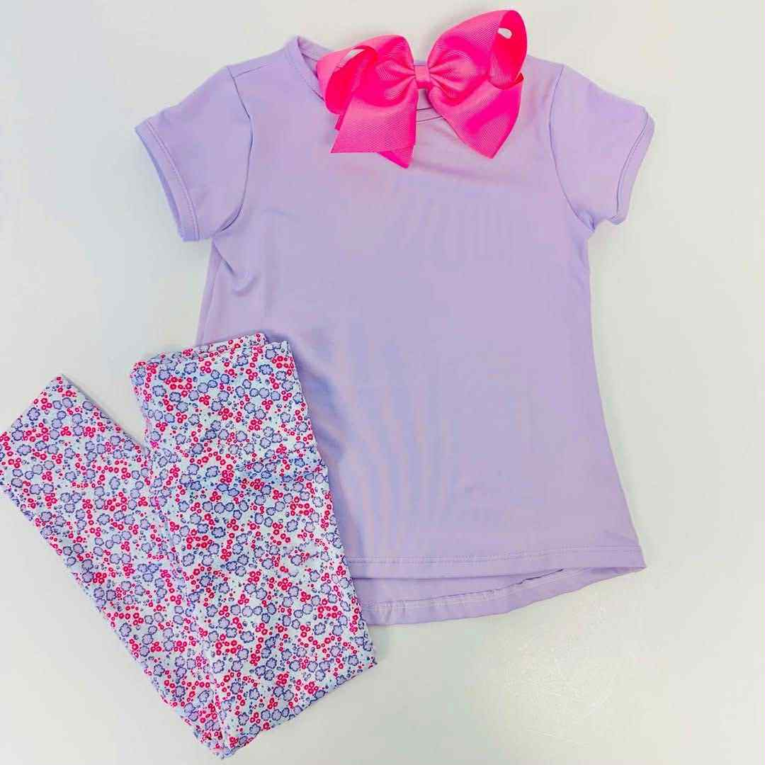 Preorder GSPO2046 Girls Boutique Pure Light Purple Short Sleeve Floral Pants Sets 202506