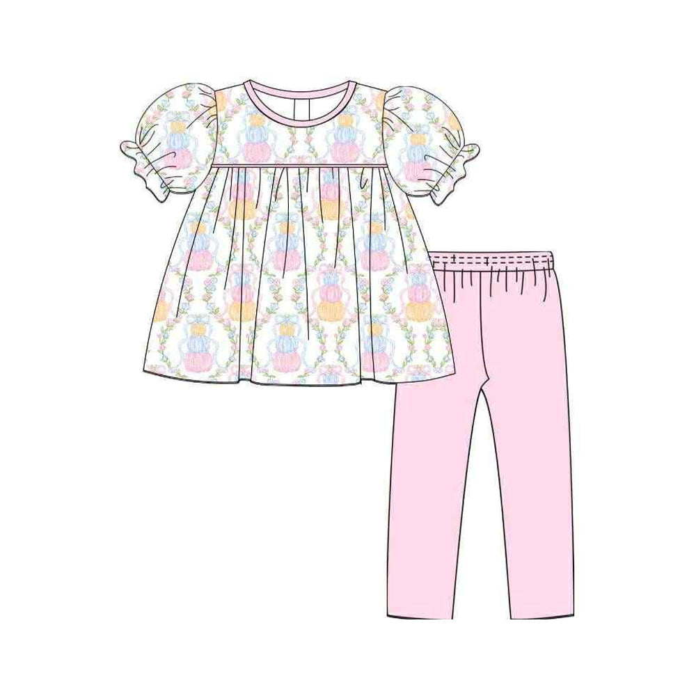 Preorder GSPO2047 Girls Boutique Pumpkin Flower Puff Short Sleeve Pink Pants Sets 202506