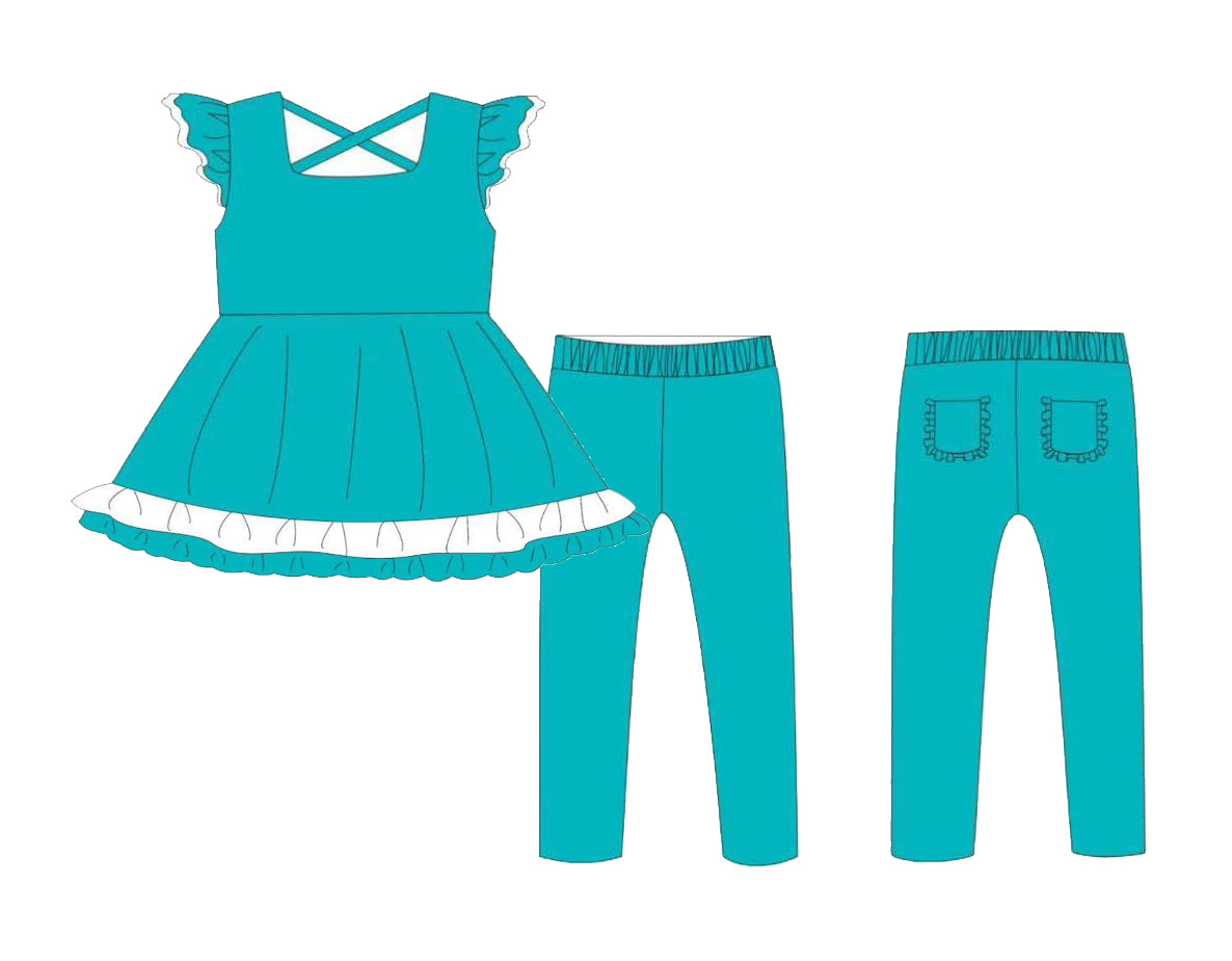 Preorder GSPO2048 Girls Boutique Pure Blue Green Flying Sleeve Pants Sets 202506
