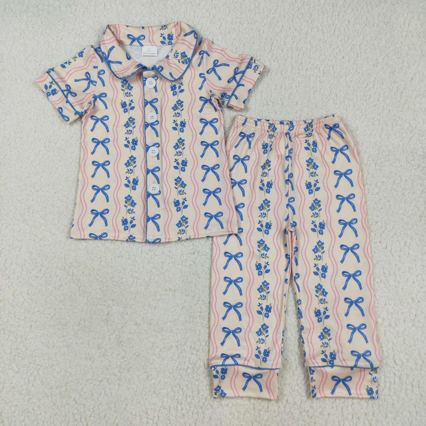 GSPO2050 Girls Boutique Blue Pink Bows Stripe Polo Button Short Sleeve Pants Pajamas Set 202507 RTS