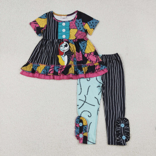 GSPO2056 Halloween Cartoon Black Stripe  Splicing Short Sleeve Pants Girls Set 202509