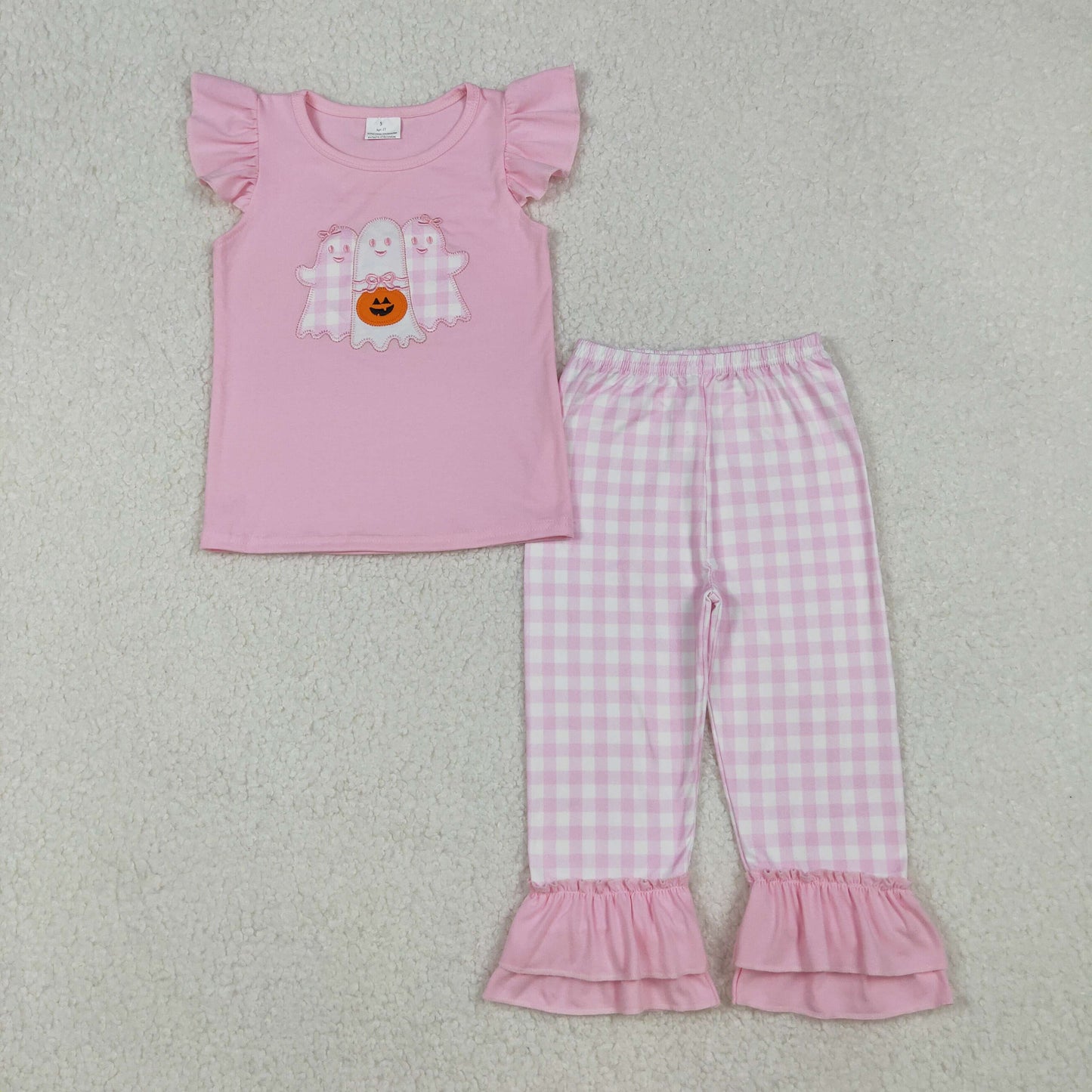 GSPO2058 Embroidered Halloween Ghost Pink Flying Sleeve Ruffle Plaid Pants Girls Sets 202509 RTS