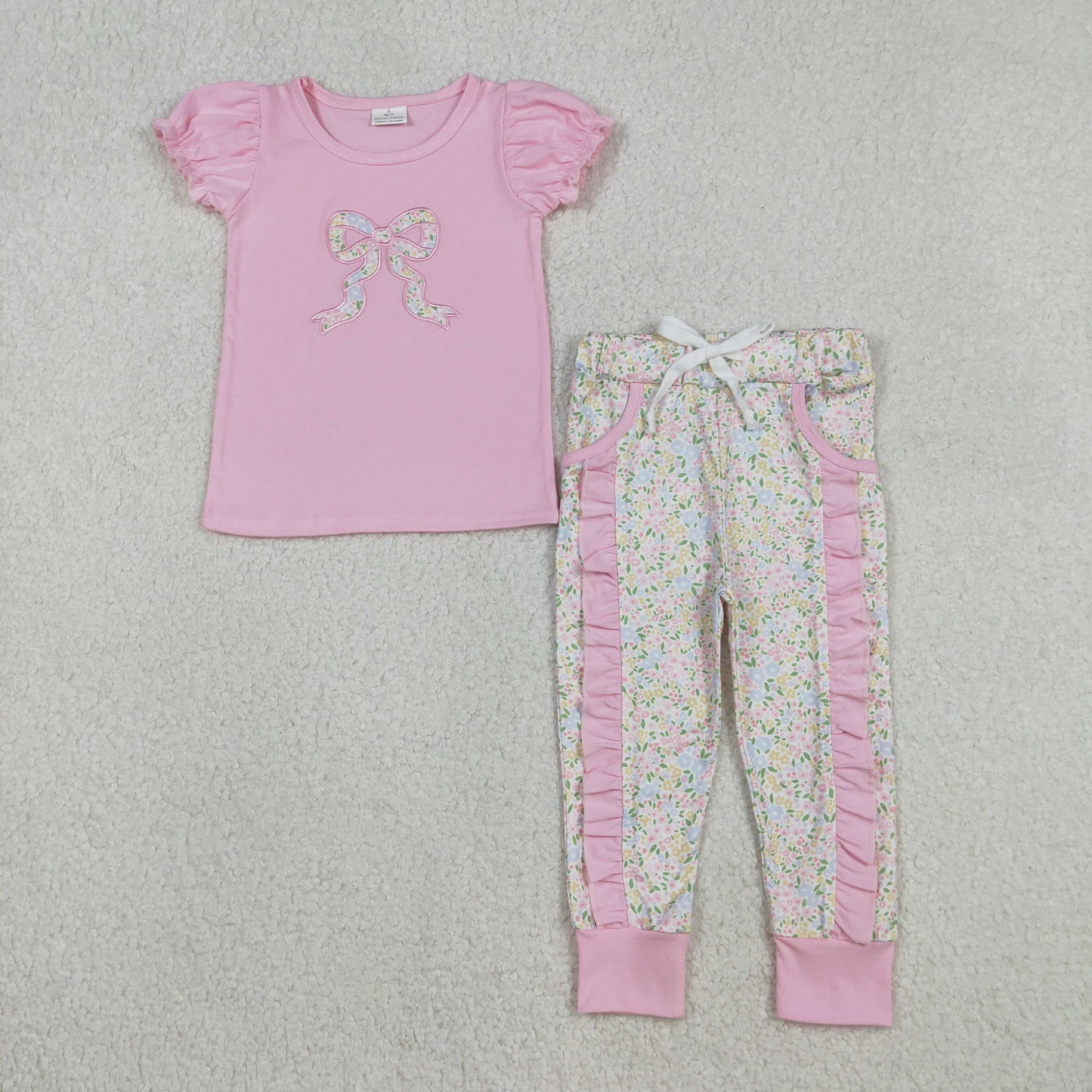 GSPO2060 Embroidered Bows Floral Pink Short Sleeve Pants Girls Set 202512 RTS